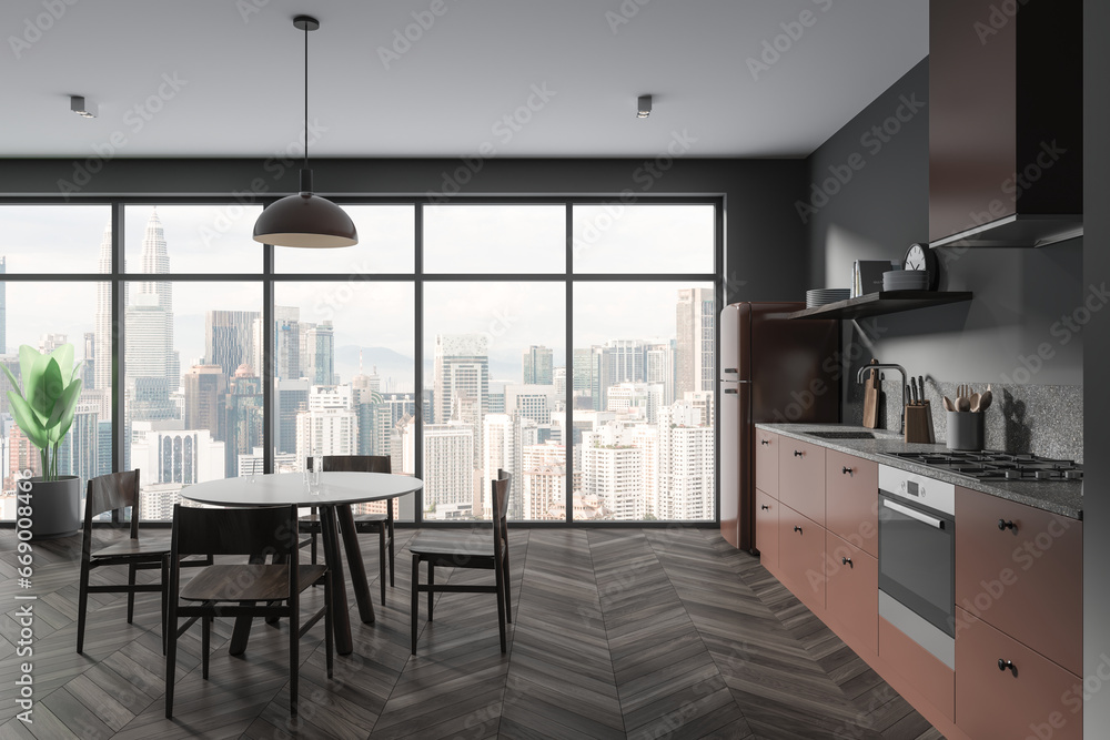 Fototapeta premium Gray and brown kitchen interior with dining table