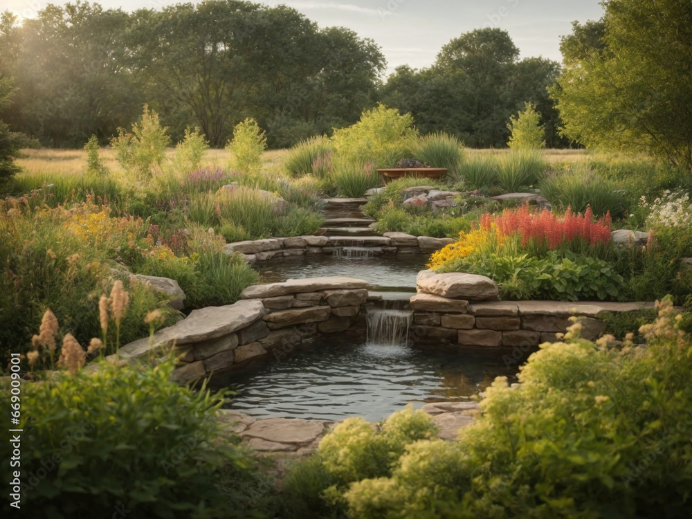 A prairie garden is enhanced by a naturalistic water feature, creating a tranquil wide banner for natural garden landscape designs.
