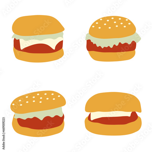Burger Food Illustration With Beef Meat  Cheese Sheet  Lettuce  and Bread. Isolated Vector Set. 
