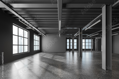 Empty gray office hall interior with columns