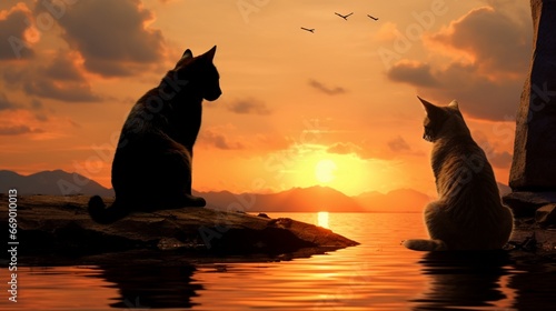 A silhouette of a cat and dog against a sunset, creating a moment of peace and tranquility.