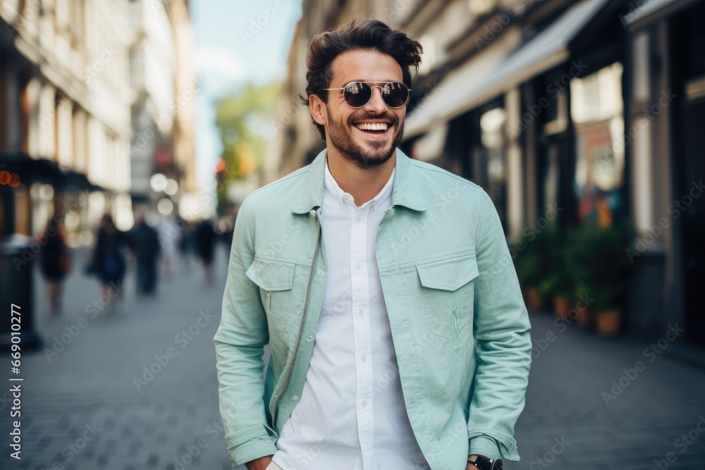 Confident young man with a brilliant smile, showcasing a new fashion collection. Confident young man with a brilliant smile, showcasing a new fashion collection.