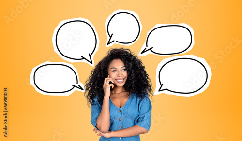 Curious black woman with hand on chin, copy space empty thought bubbles photo