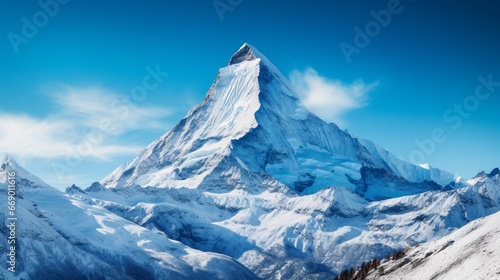A snow-laden mountain peak against a backdrop of clear blue skies, epitomizing solitude and serenity.