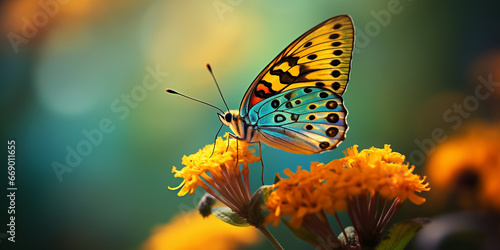 Colorful butterfly is sitting on a flower, close up. Butterfly in the morning nature.