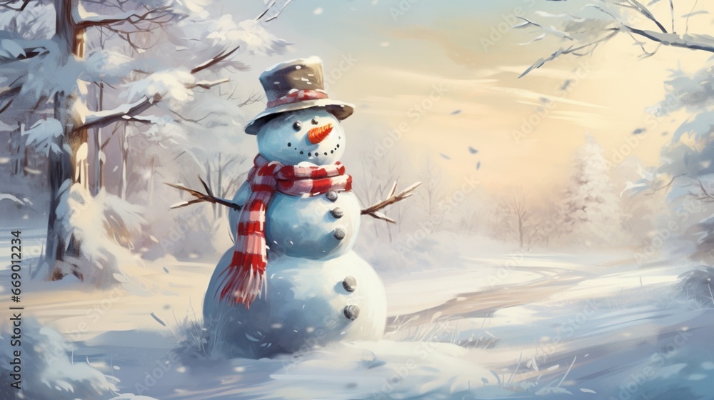 A snowman adorned with a scarf and hat, standing tall amidst a winter backdrop.