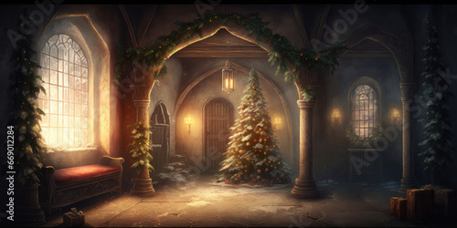 Christmas Tree with Christmas Decoration in old house or fairy tale castle. Beautiful Christmas and New Year Background