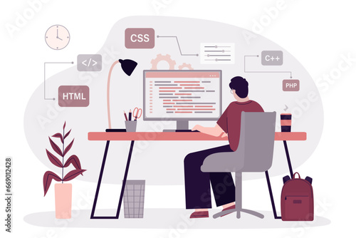 Programmer or coder sitting at desk. Website designer, developer social media wireframe. Front-end and back-end programming language PHP, HTML, CSS, software development,