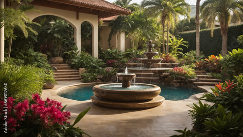 Amidst a vibrant tropical oasis, an expansive water feature with playful cascading fountains is an ideal choice for garden landscape design concepts. © xKas