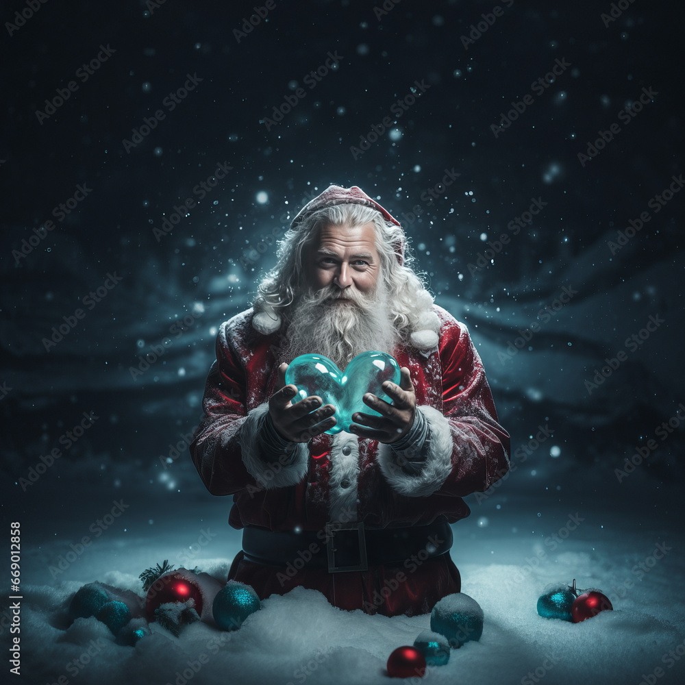 Santa Claus in the snow holds a heart in his hands. Christmas or New Year love concept