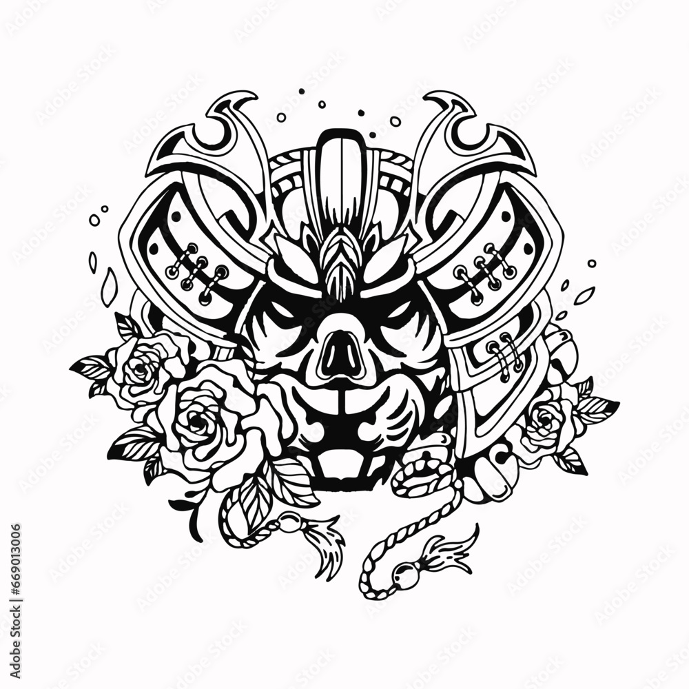 Fototapeta premium Samurai Oni Mask Tattoo Illustration Vector