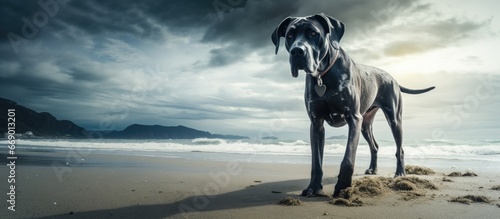 An energetic German Great Dane obeys commands on the beach after a storm harmoniously communicating with its owner photo