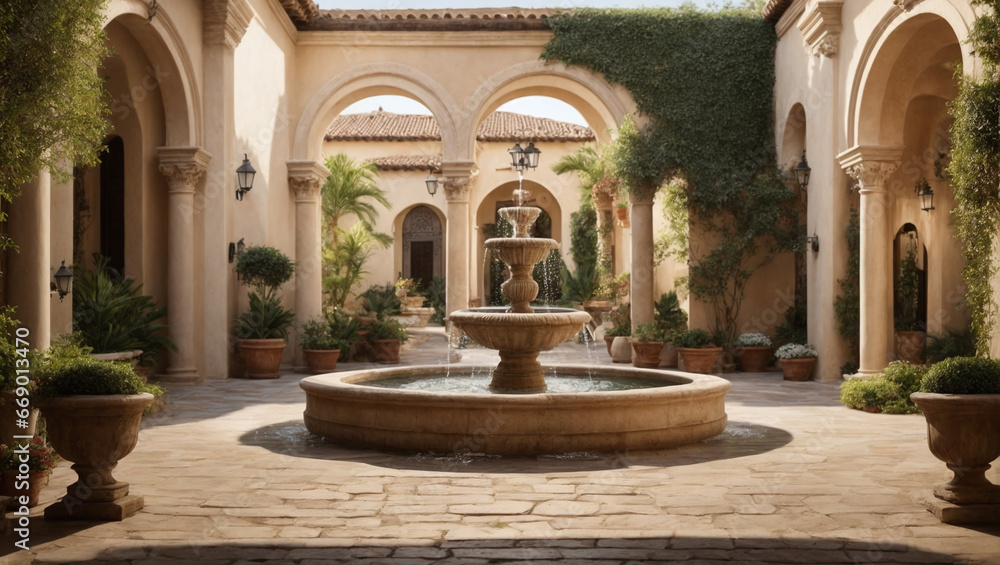 In a Mediterranean courtyard, an elegant water feature with arched fountains adds charm, making it a wide banner suitable for garden landscape designs.