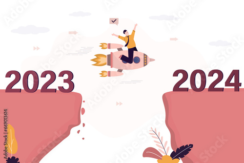 Ambitious businessman uses rocket and cross gap from year 2023 to 2024. Businessman launching new business in 2023. New 2024 year resolution or opportunity,