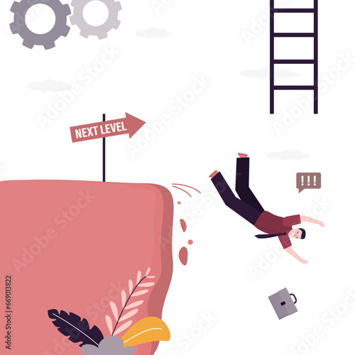 Loser falls off cliff  male employee does not have enough competence or skill to move to next level. businessman does not promotion on career ladder