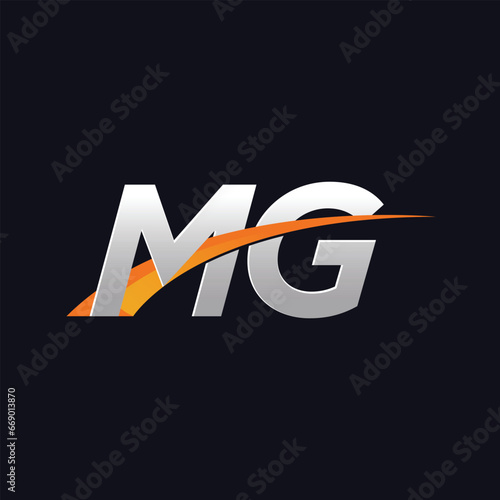 MG Initials letter vector illustrations designs overlapping with orange swoosh vector for company or company logo business on blue dark background.