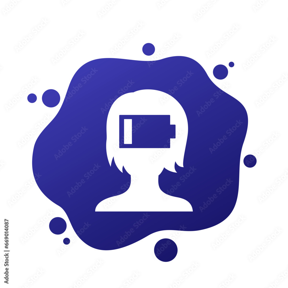 burnout or fatigue vector icon with low battery and a girl burnout or fatigue vector icon with low battery and a girl