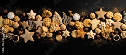 Assorted golden Christmas cookies on black and golden backdrop