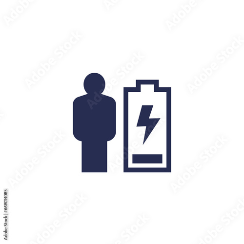 burnout, fatigue icon with low battery and man