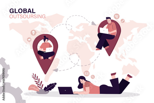 Global outsourcing and telecommuting. Business process outsourcing, outplacement, freelance job. Team outside company organization. People connecting online from various point of world,