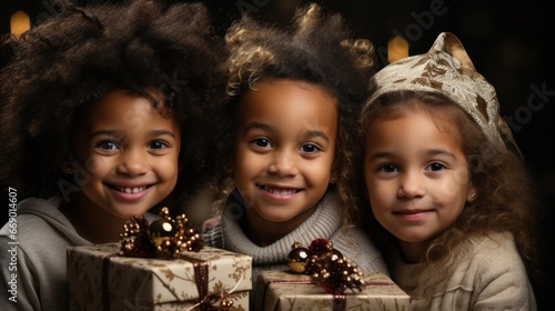 a Group portrait of diverse kids with gift boxes, looking at camera.