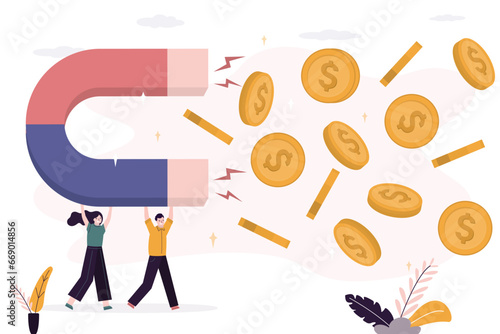 Visionary or startup developer uses magnet and attracts funding. Money and finance for innovative ideas. crowdfunding, fundraising for new start up,