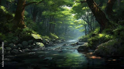 A tranquil forest creek, its clear waters reflecting the towering trees and verdant foliage that flank its banks.