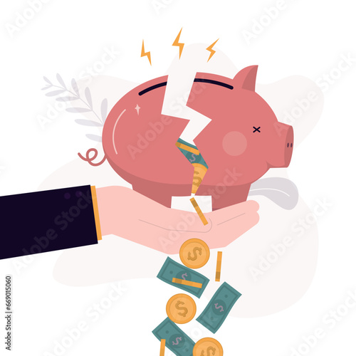 Broken piggy bank depict bankruptcy or other loss in business. Hand holds broken piggy bank isolated on white background. World financial crisis, bankruptcy.