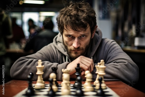 Intense focus of a chess player, contemplating his next move.
