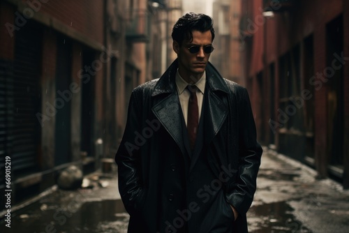 Intriguing spy with trench coat and dark glasses in rain-soaked alley.