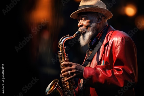 Jazz musician lost in the soulful sound of his saxophone.