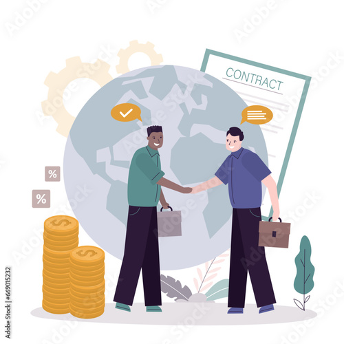 Successful negotiations. Two multiethnic businessman handshake. New profitable project start up sponsored by investor. Two male characters making deal, contract. Business concept,