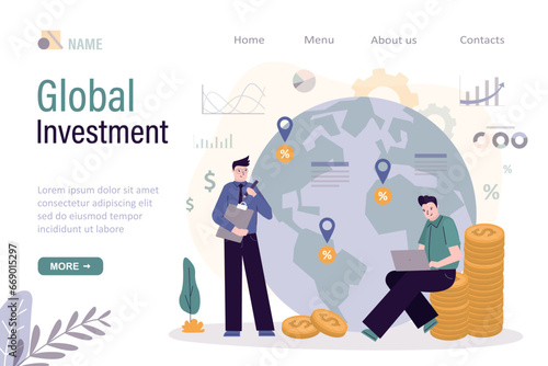 Global investment, landing page template. Economic and financial concept. Businessman investors invests money in global or international companies and makes profit.