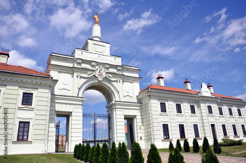 Entrance gate to the Ruzhany Sapieha Palace in the city of Ruzhany, Brest Region, Belarus. photo