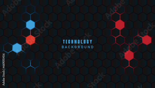 Dark red and blue hexagon abstract technology background with red and blue colored bright flashes under hexagon.