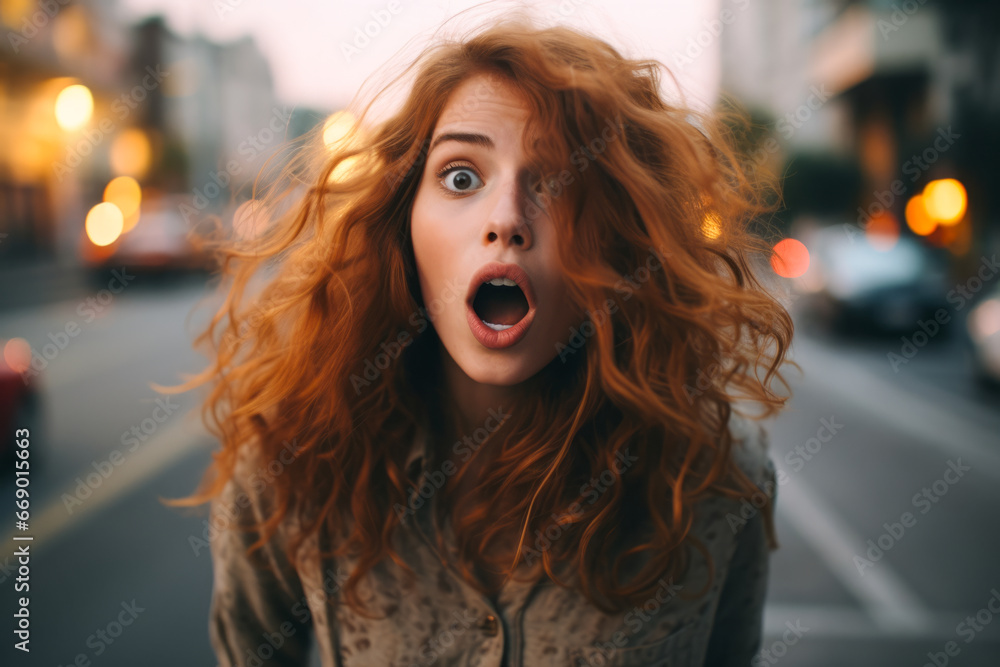 Woman with shocked expression on the street, red hair, ginger, portrait, mouth open, surprised Woman with shocked expression on the street, red hair, ginger, portrait, mouth open, surprised