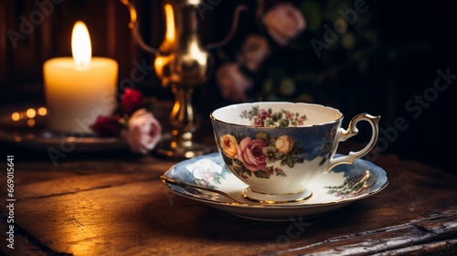 A vintage tea cup and saucer set against an old wooden table  evoking feelings of nostalgia.