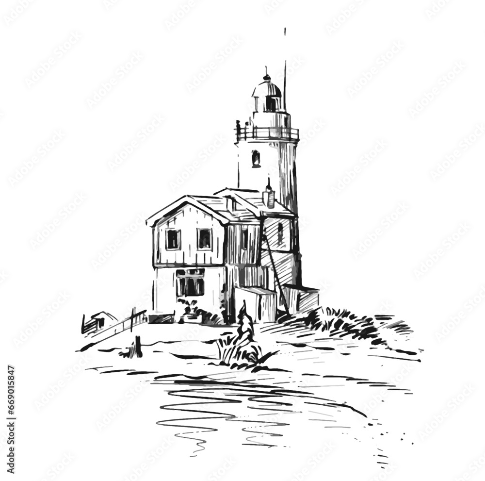 Sketch of of lighthouse  on the beach