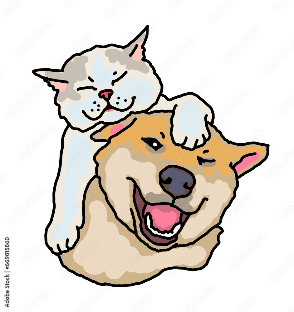 Funny lovely home animals happy playing together. For pet shop or kids room, logo design, party invitation, postcard for friend. Hand drawn illustration. Cartoon style character drawing. Funny lovely home animals happy playing together. For pet shop or kids room, logo design, party invitation, postcard for friend. Hand drawn illustration. Cartoon style character drawing.