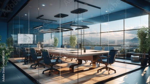 A conference room is shown inside glass walls, In the style of raw metallicity. © visoot