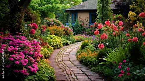A winding garden pathway bordered by vibrant flowering plants, inviting exploration.