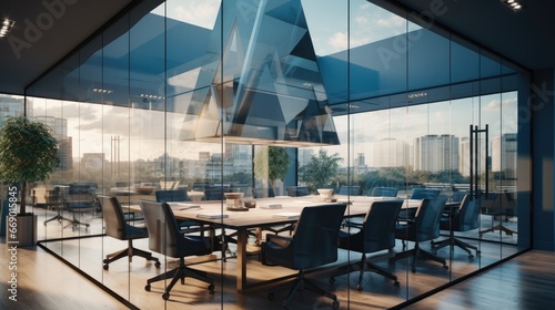 A conference room is shown inside glass walls, In the style of raw metallicity.