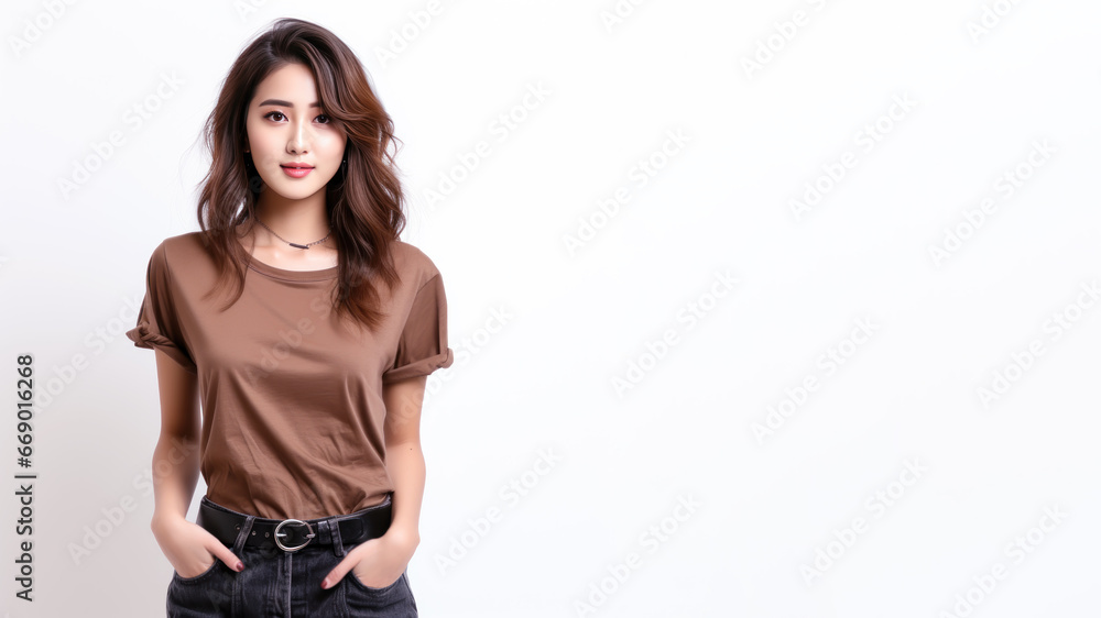 Asian woman wearing brown t-shirt isolated on gray background Asian woman wearing brown t-shirt isolated on gray background
