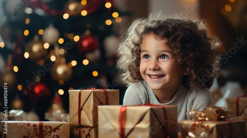  a happy child looking at in the background decorated christmas tree christmas gifts festive indoor big living room with christmas gifts on the floor . © suphakphen
