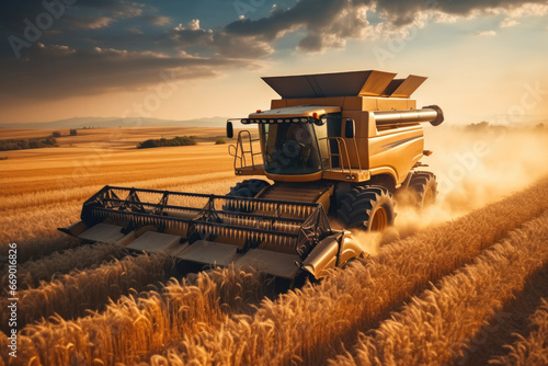 A modern Tractor driving over a large golden field.