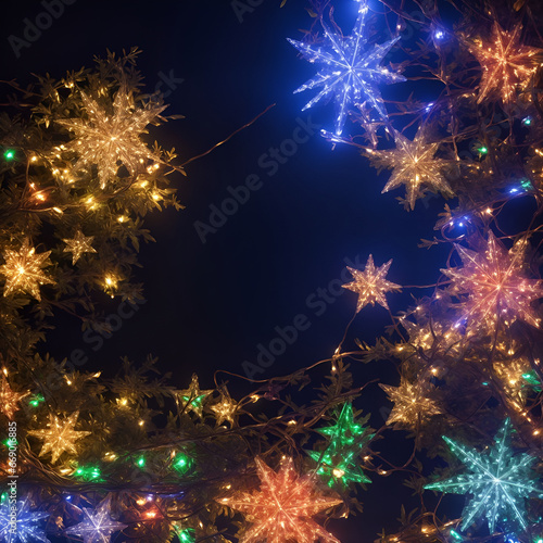 christmas background with snowflakes and lights on dark blue background