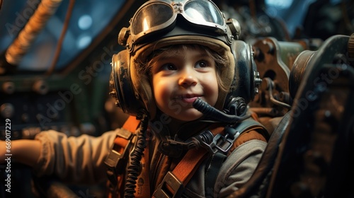 Happy and joyful looking kid dressed as an airplane pilot in the cockpit of an airliner 