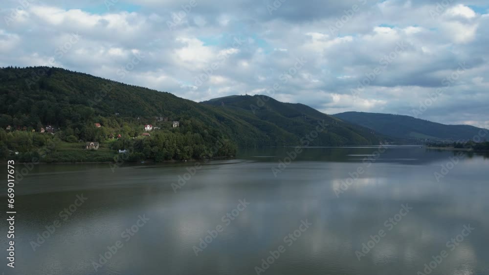 Drone view of the Miedzybrodzkie Lake in Beskidy Mountains and Gora Zar, Poland Drone view of the Miedzybrodzkie Lake in Beskidy Mountains and Gora Zar, Poland