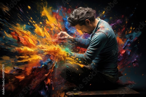 Man with paintbrush creating colorful splashes.