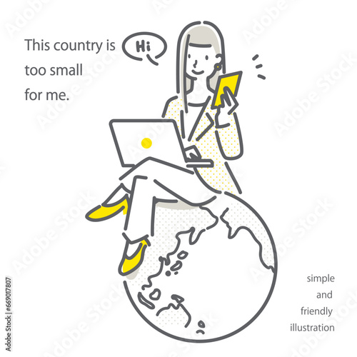 グローバルに仕事をするビジネスウーマン　シンプルでお洒落な線画イラスト
